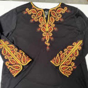 Bob Mackie Women's Wearable Art Blouse Embroidered Top Black Gold Bell Sleeves